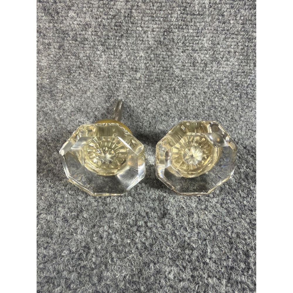 Antique Glass Door Knobs Octagon Fluted Starburst Vintage Brass Hardware Set
